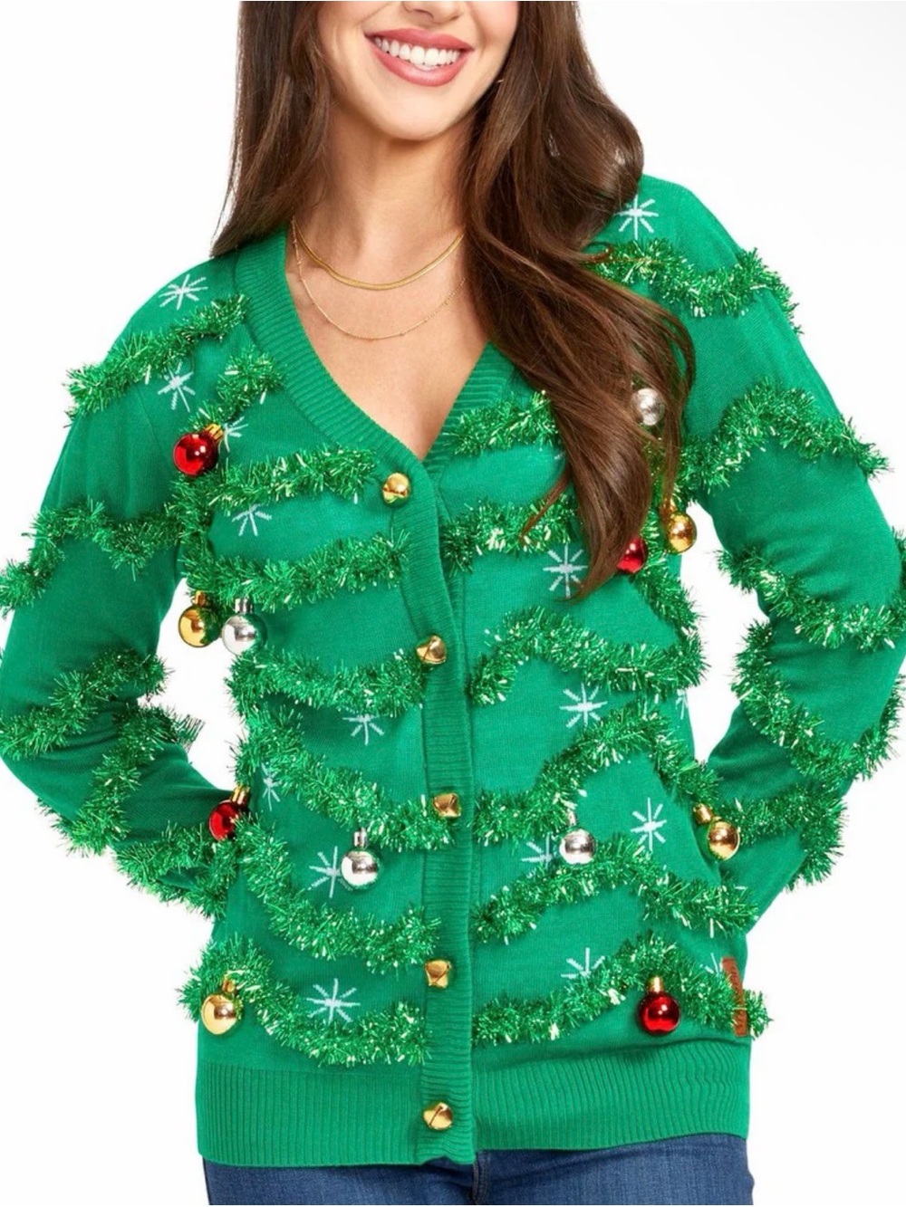 Tipsy Elves Women’s Gaudy Garland Holiday Tinsel Cardigan Sweater, Medium